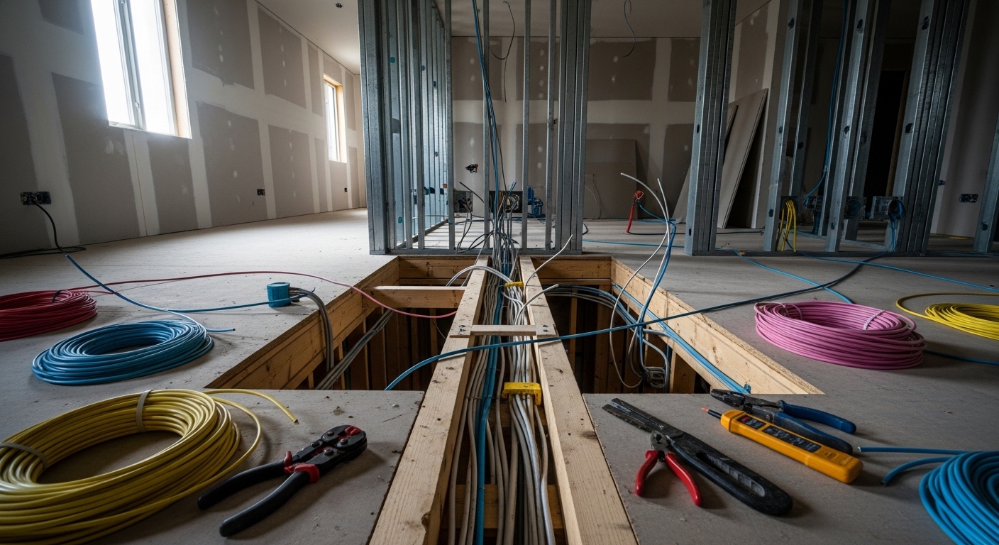 Electrician working neatly on new electrical cabling in a Doncaster home, clean and tidy workmanship